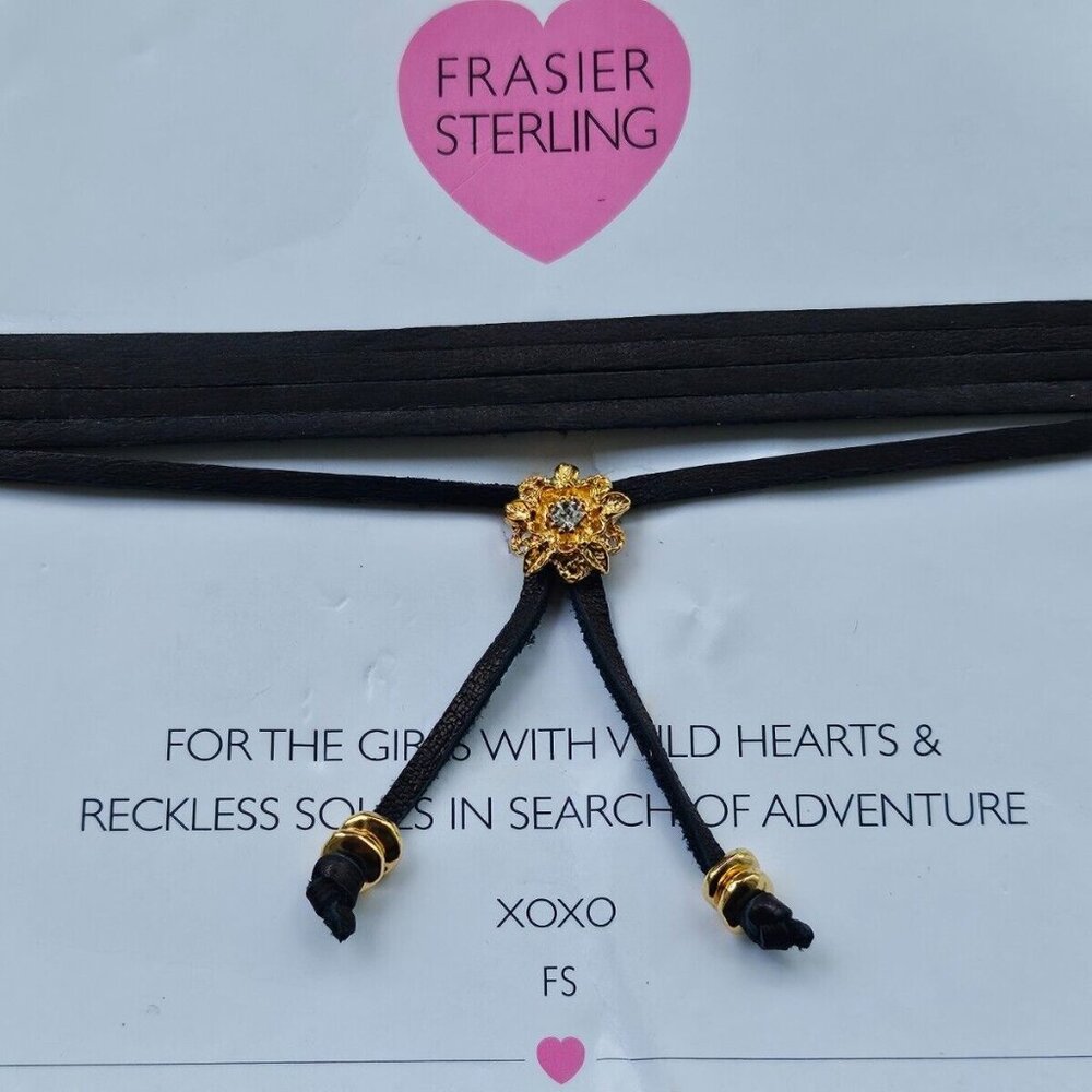 Frasier Sterling Women Choker Gold plated Black SUEDE BOLO NECKLACE Jewelry
